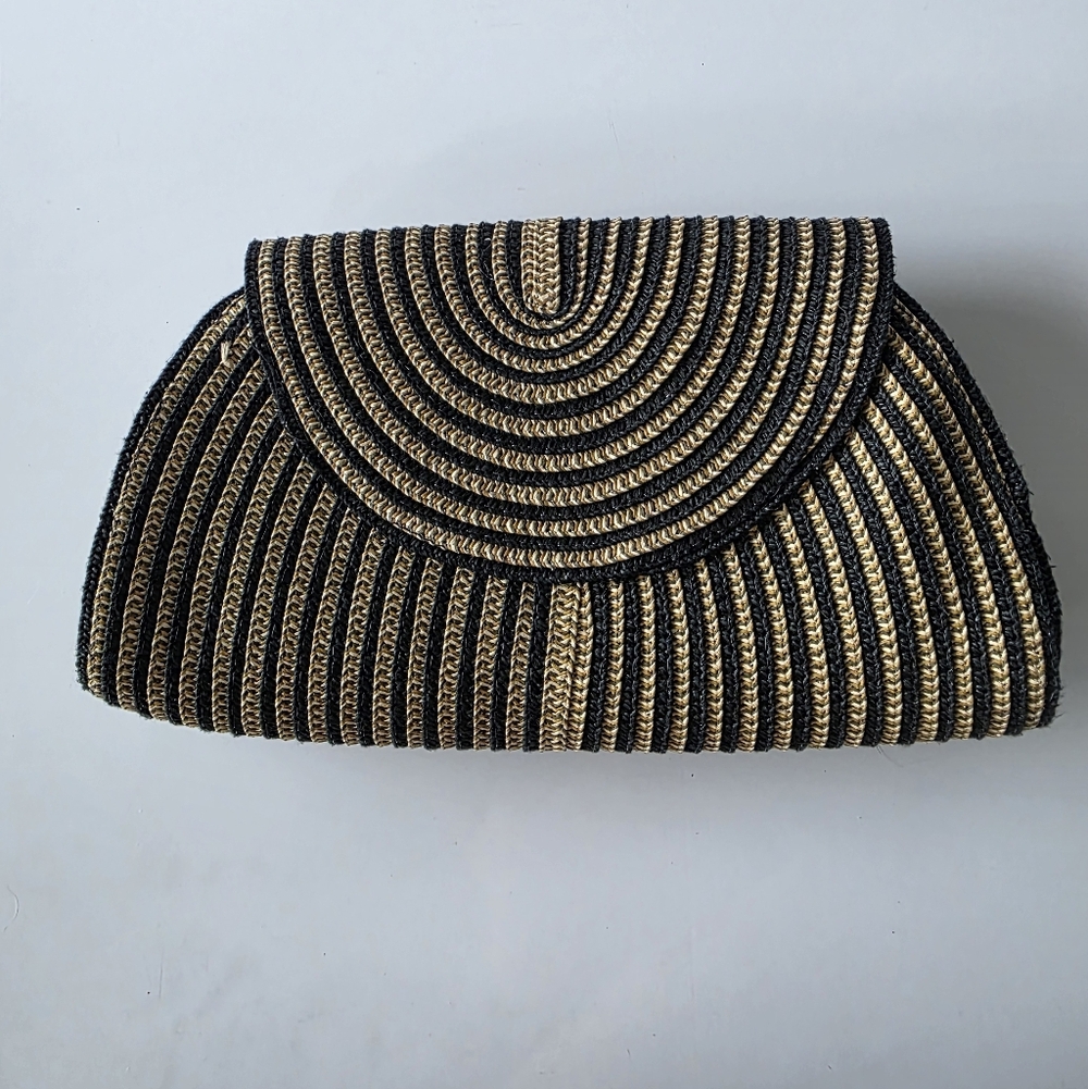 Vintage Black Tan Olive Woven Clutch Crossbody Straw Resort Bag - Picture 4 of 8